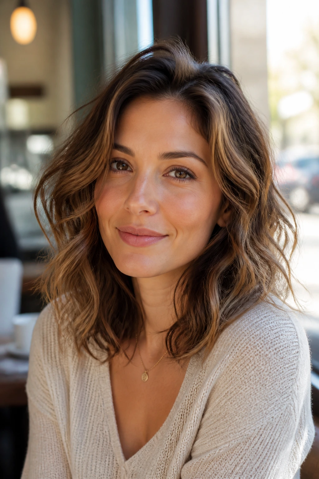 Close-up of diffused waves with root volume on a real woman at a sunny cafe