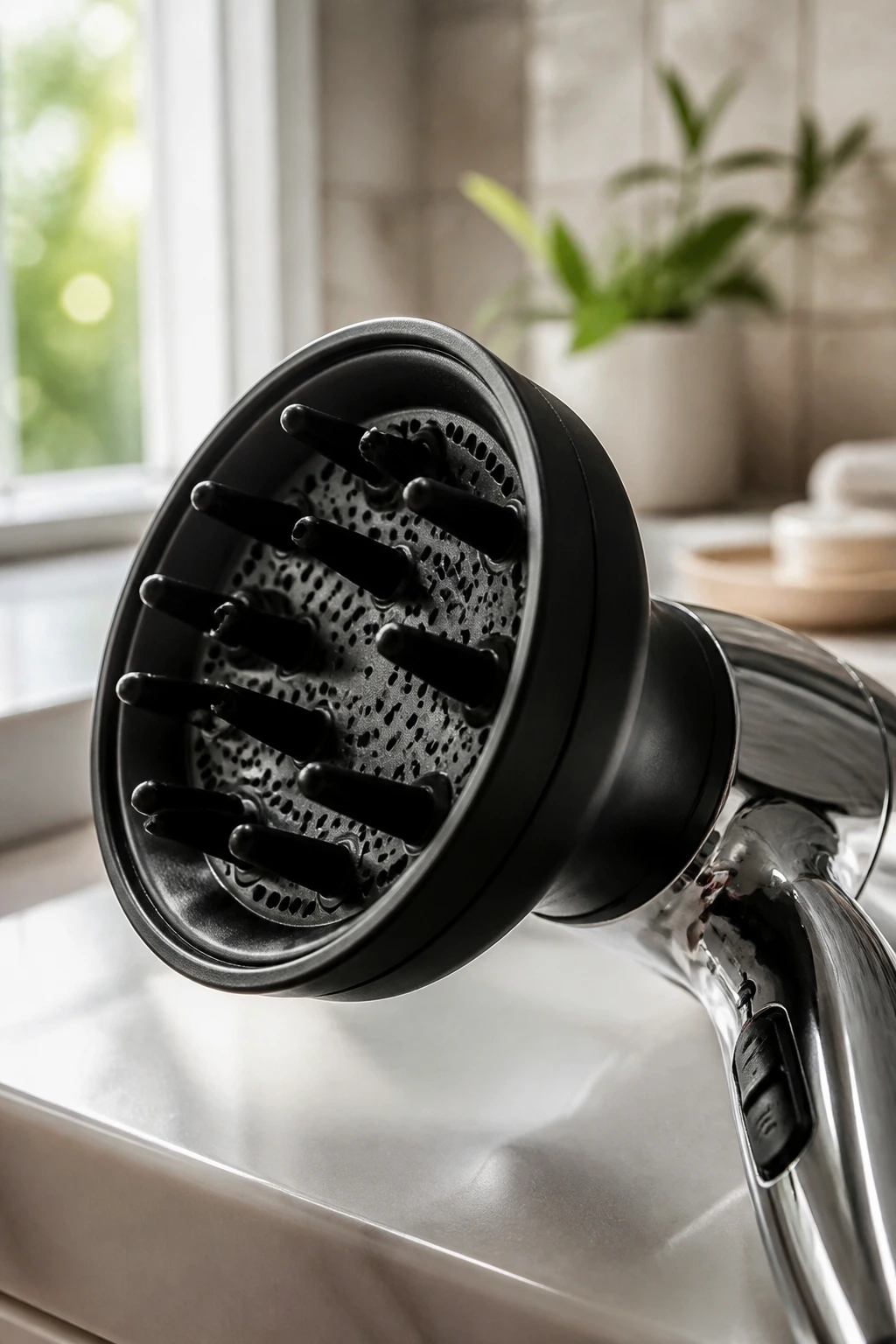 Close-up of diffuser attachment on hair dryer in a bathroom vanity.