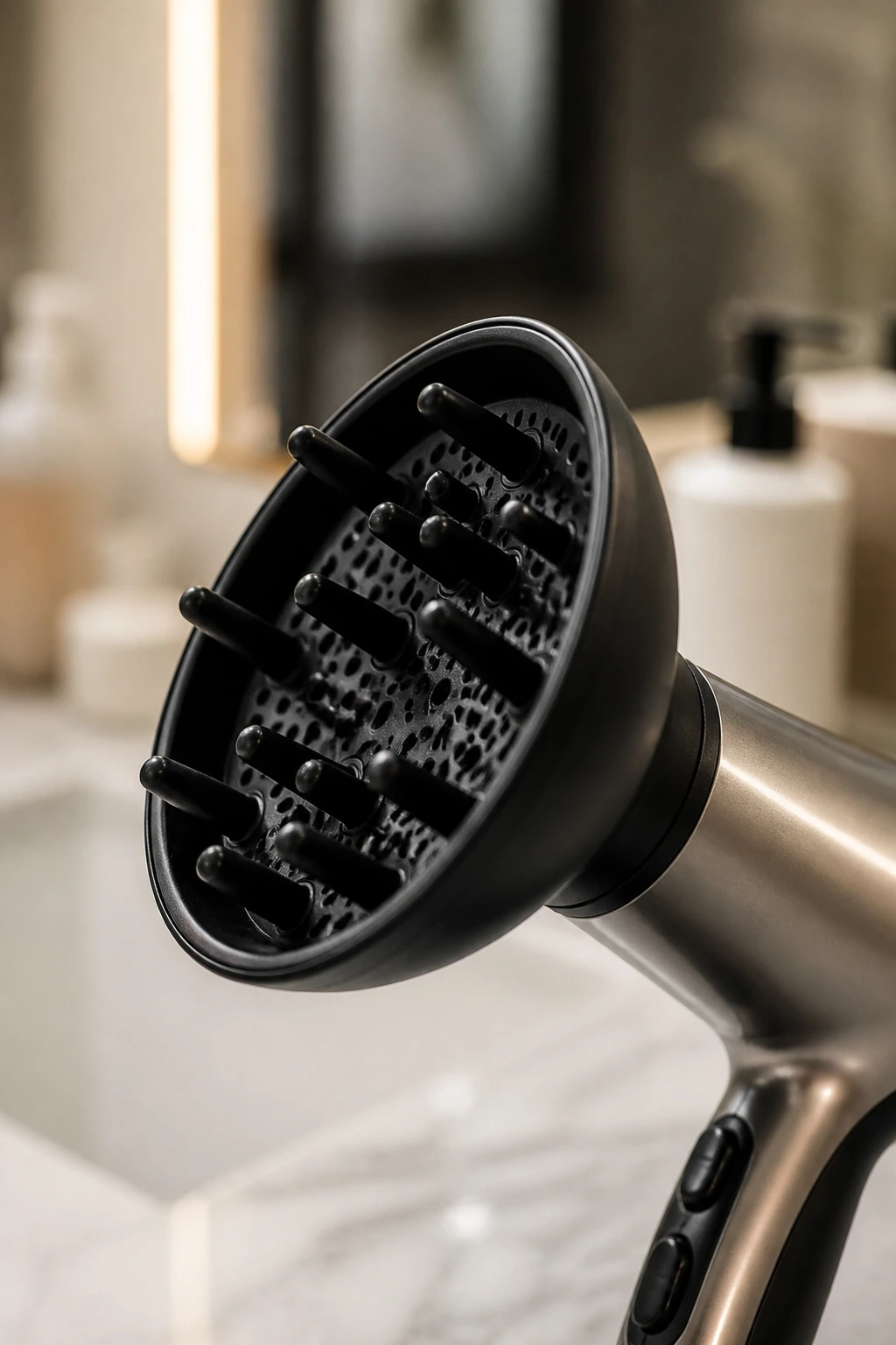 Close-up of a diffuser attachment on a hair dryer in a bathroom setting