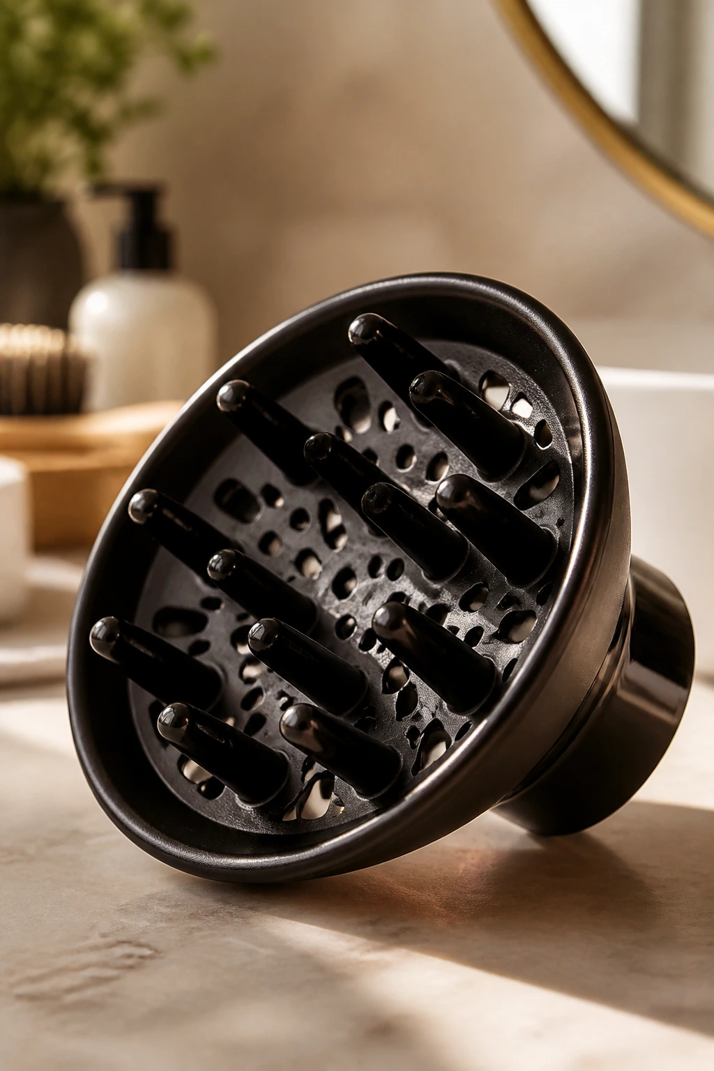 Close-up of a diffuser attachment on a bathroom counter