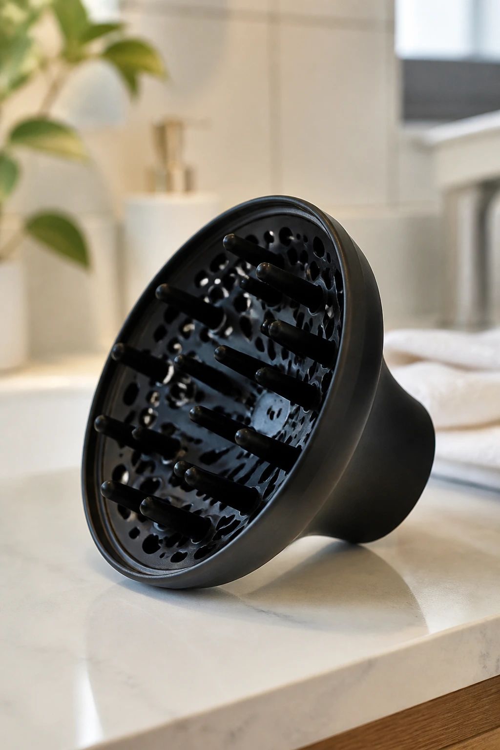 Macro close-up diffuser attachment on a hair dryer in a bathroom
