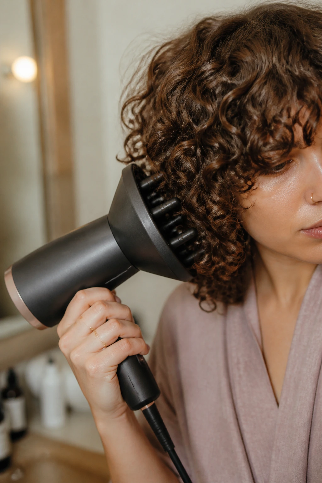 Close-up of hands with a diffuser styling curly hair