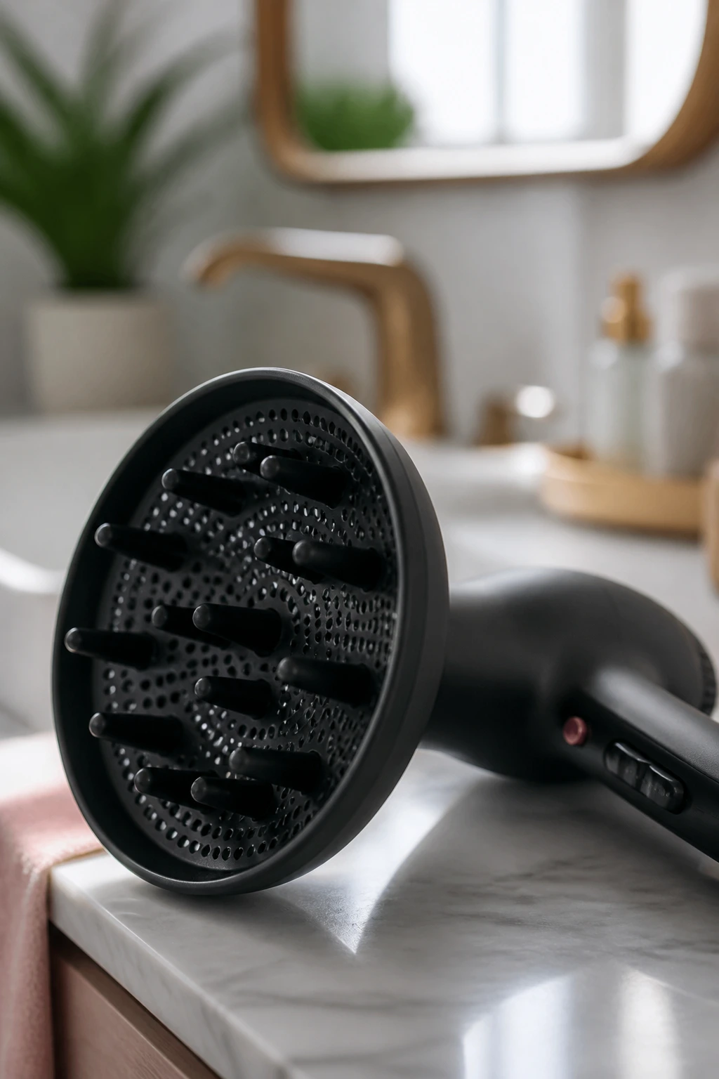 Close-up of a diffuser attachment on a hair dryer on a bathroom counter