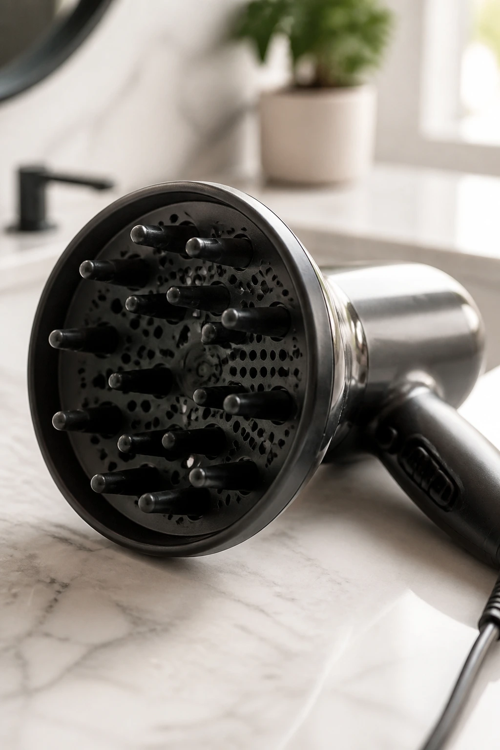 Diffuser attachment on a hair dryer on a bathroom vanity