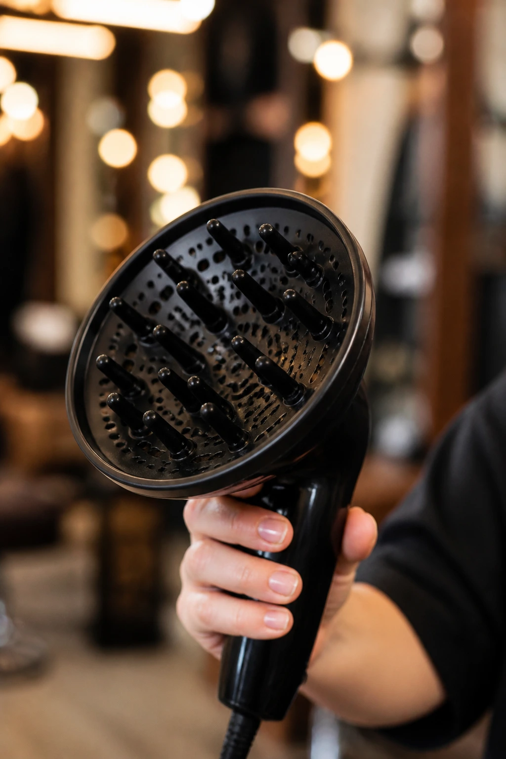 Close-up of a diffuser attachment with blurred salon background.