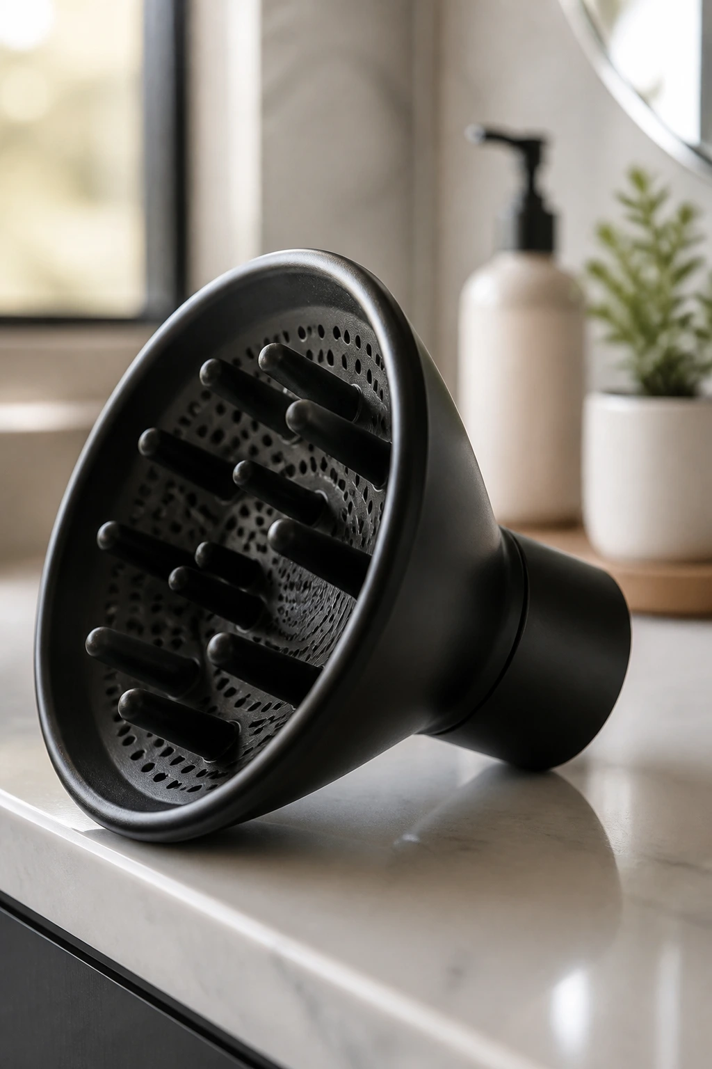 Close-up of a diffuser attachment on a bathroom counter, representing styling gear for thin curls