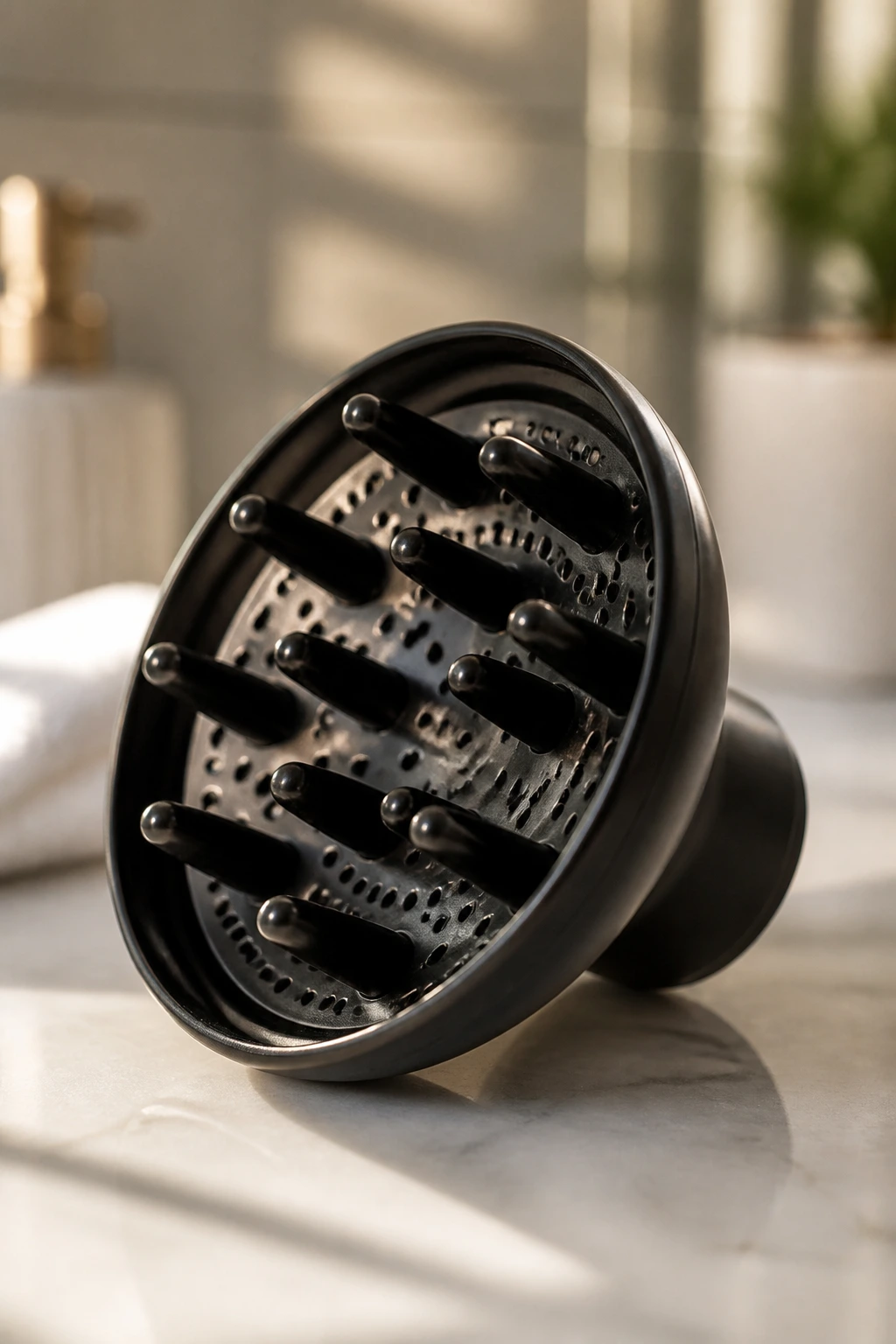 Close-up of a diffuser attachment on a bathroom counter