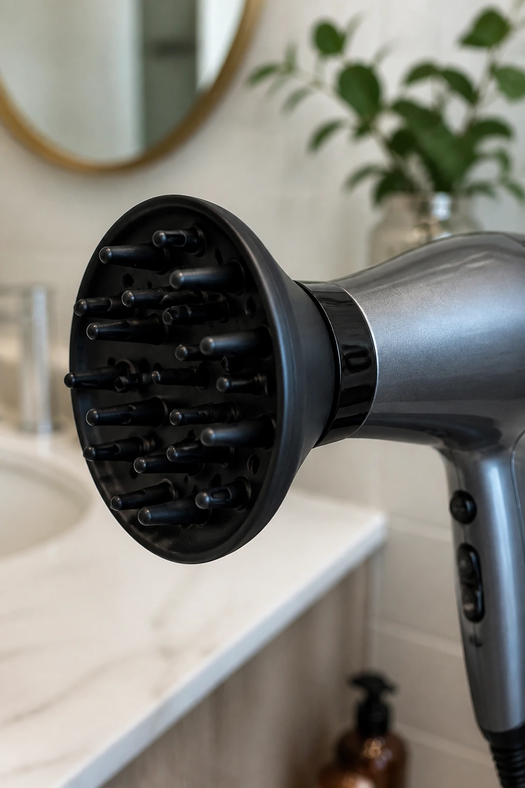 Close-up of a diffuser on a hair dryer in a bathroom, showcasing tools for short shag with bangs