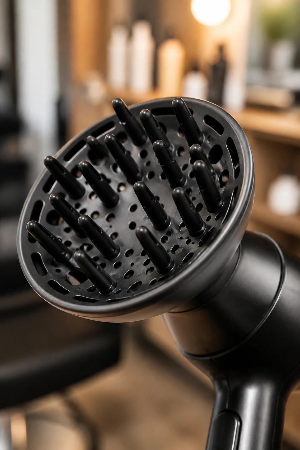 Close-up of a diffuser attachment for curly shags on a hair dryer with salon background