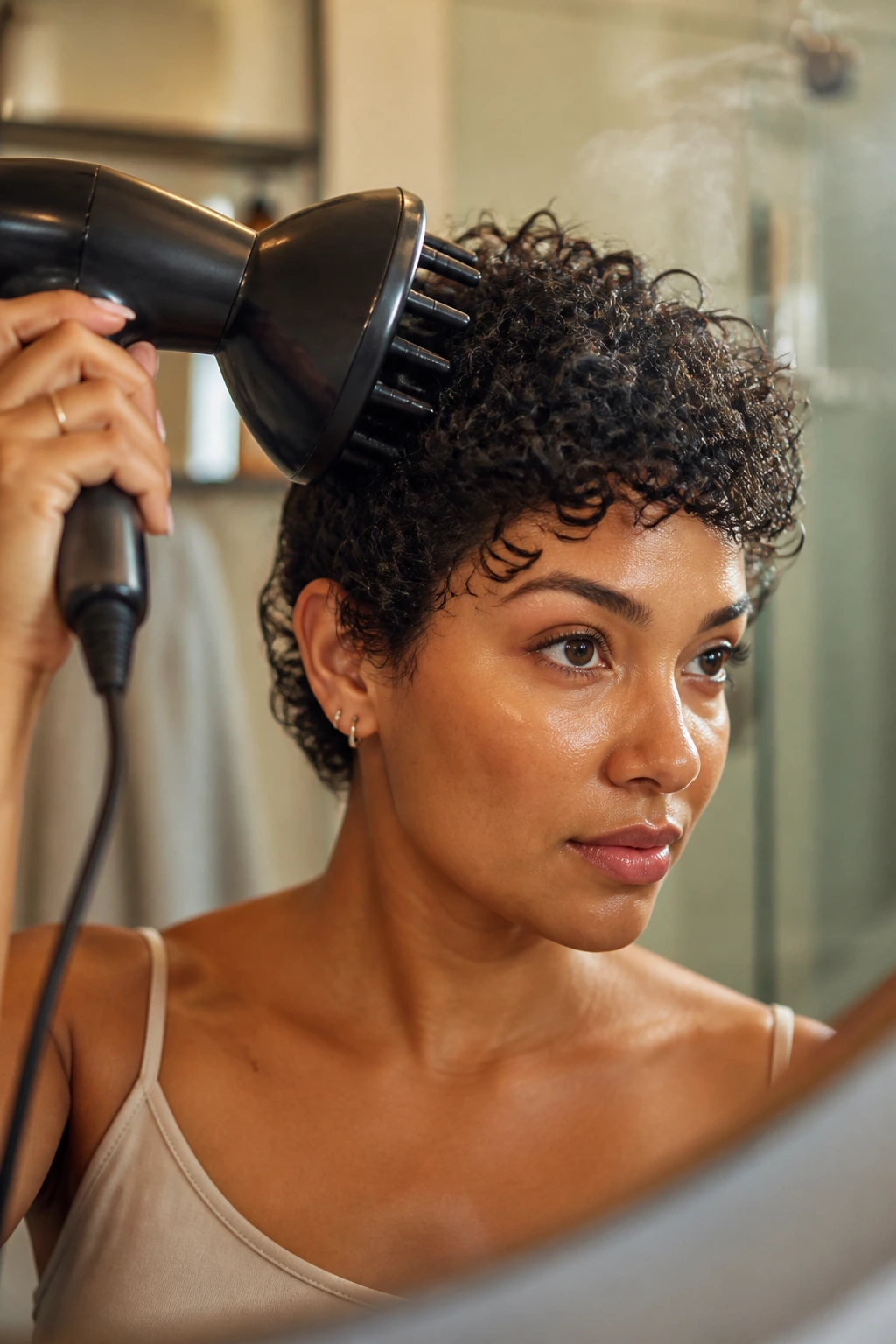 Close-up of a real person using a diffuser on short curly hair in a bathroom