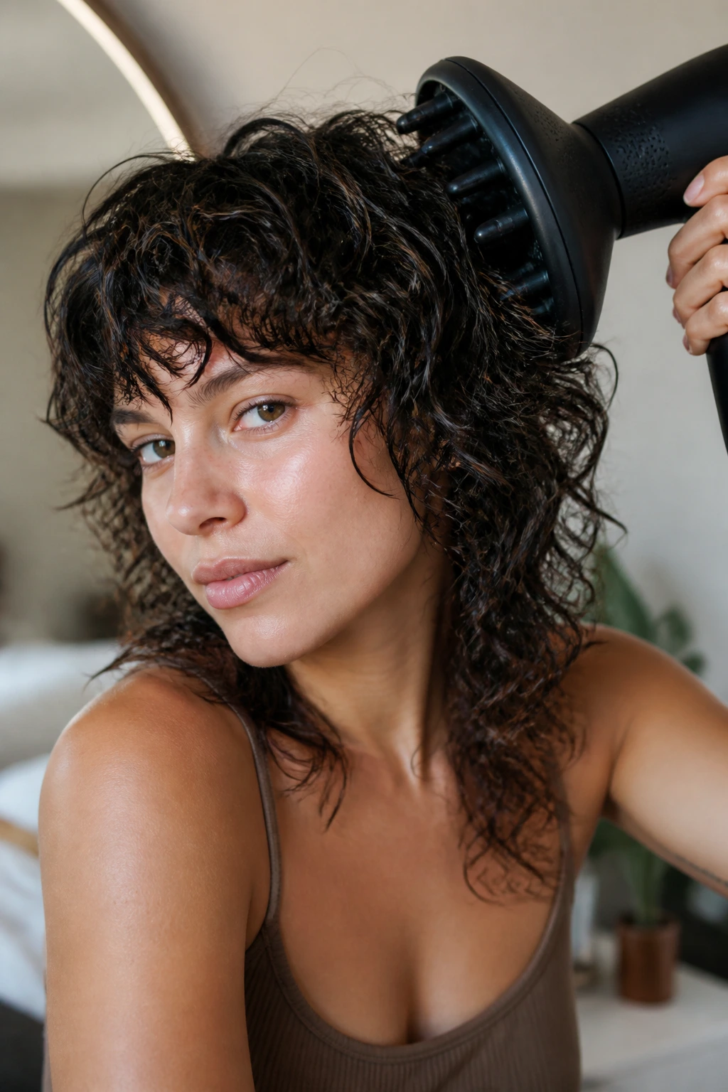 Close-up of person diffusing curly hair to style a wolf cut