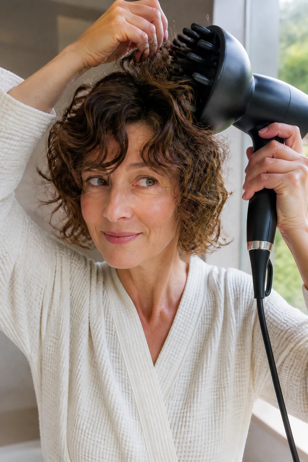 Real person styling shaggy bob with diffuser in a bright room