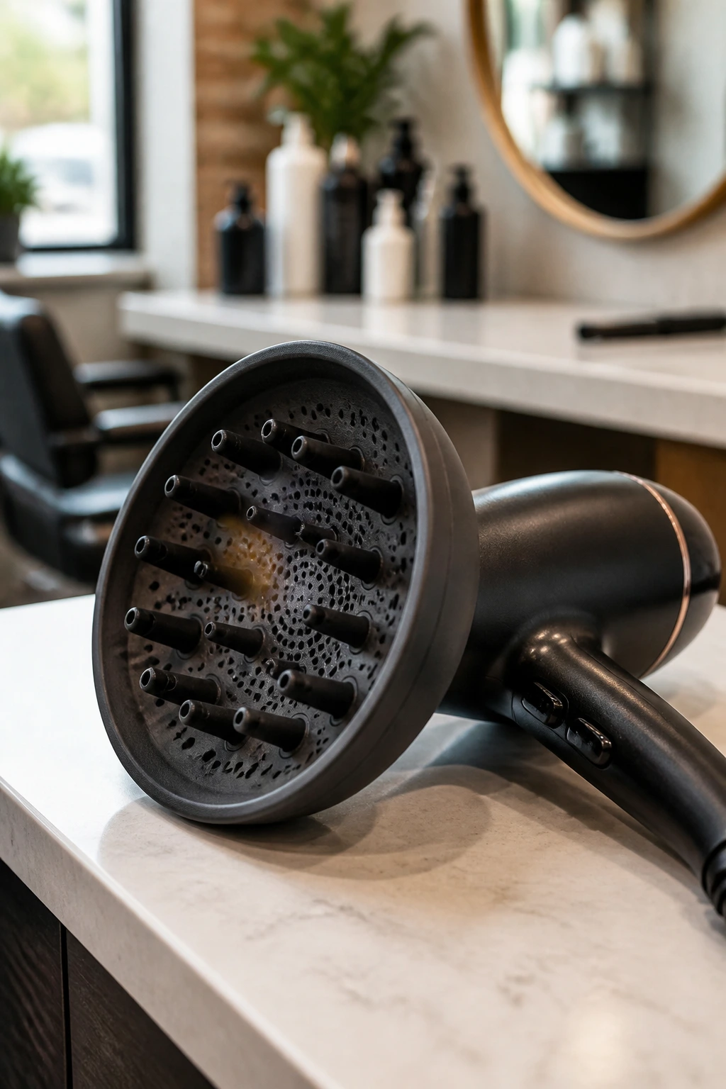 Close-up of a diffuser attachment on a hair dryer on a salon counter