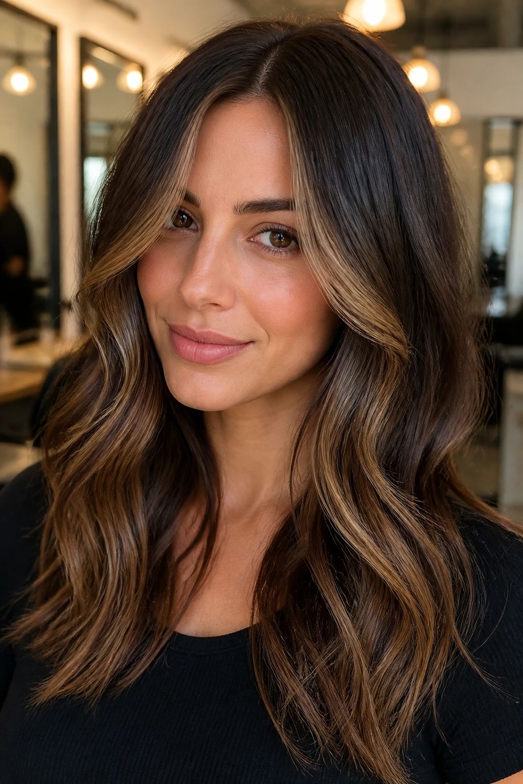 Brunette with multi-tone highlights creating dimension around the face