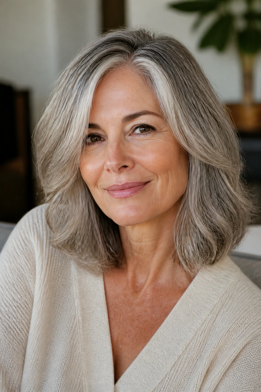 Close-up portrait of a real woman with dimensional shoulder-length gray hair.