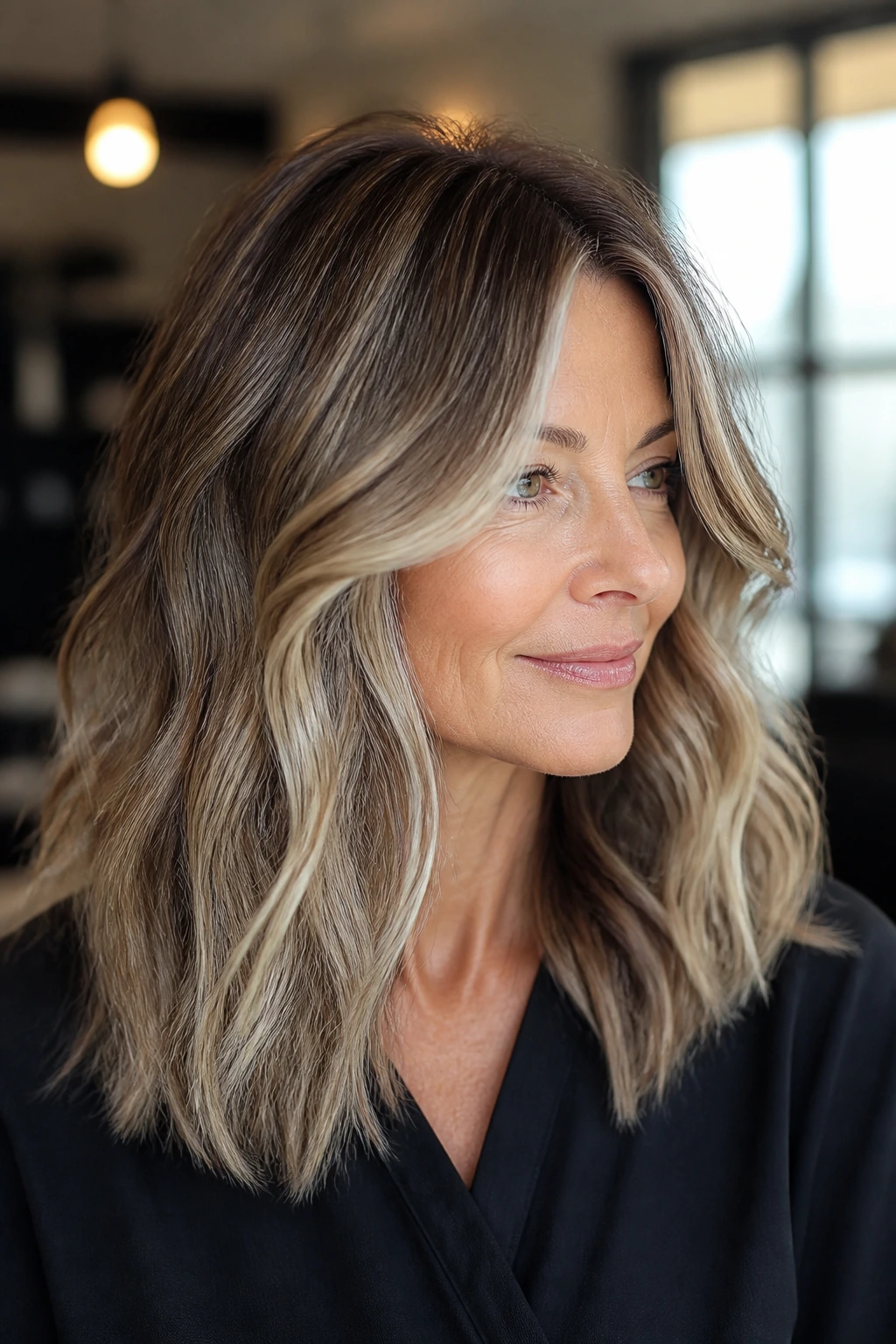 Portrait of a woman with dimensional hair color showing multiple tones