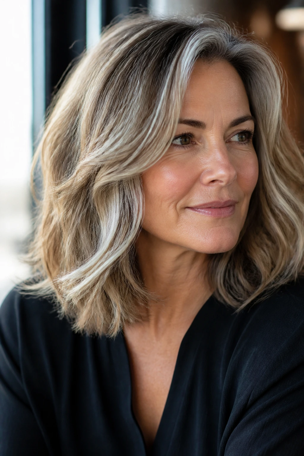 Woman with dimensional hairstyle showing movement and waves