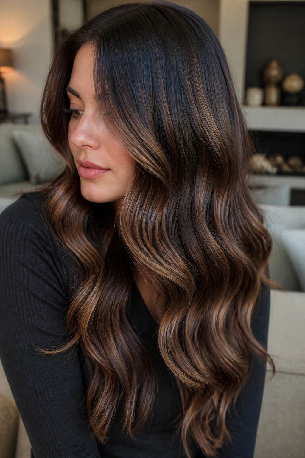 Brunette long waves with dimensional highlights in natural light