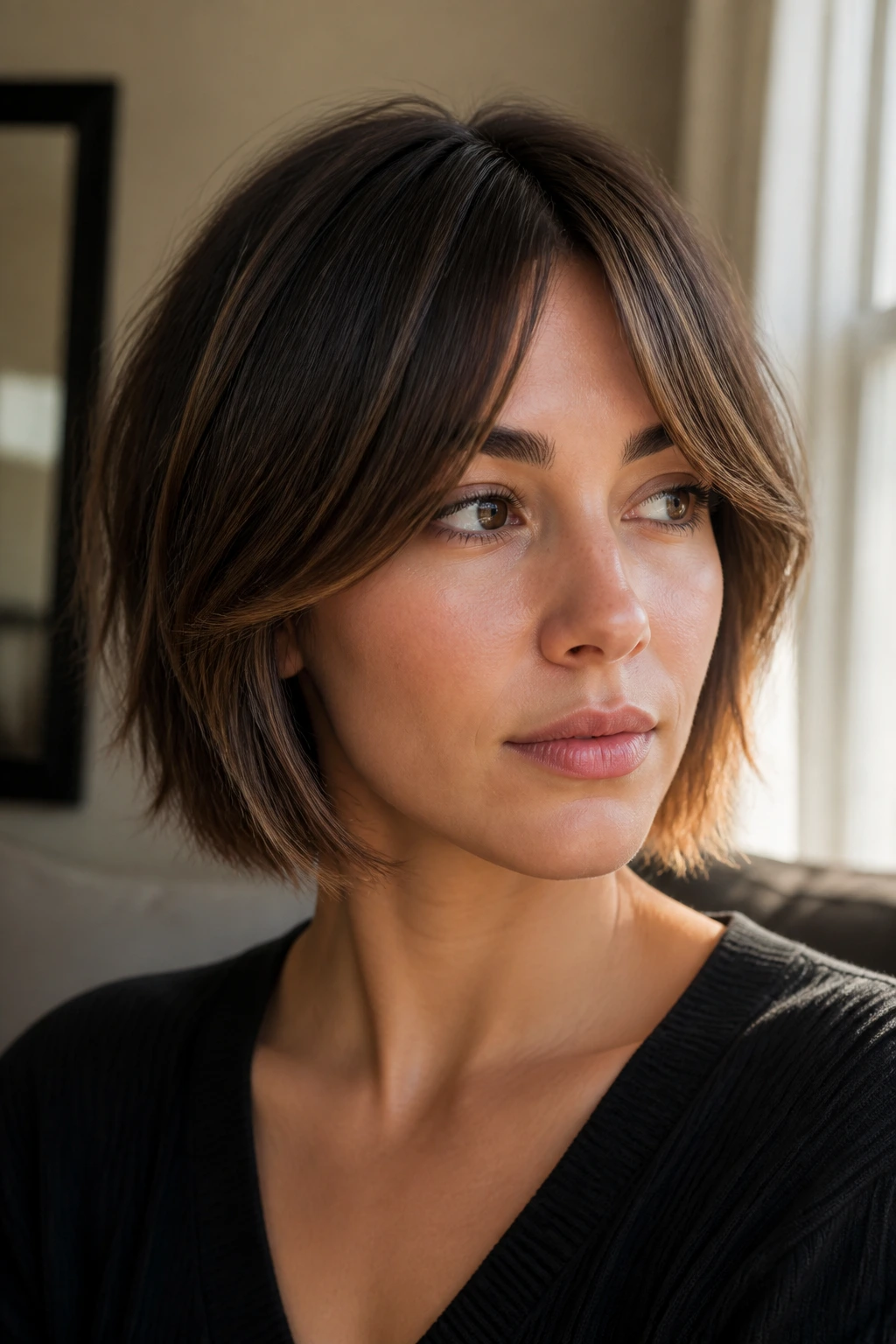 Close-up of short brunette hair showing dimension with lighter pieces around fringe and crown.