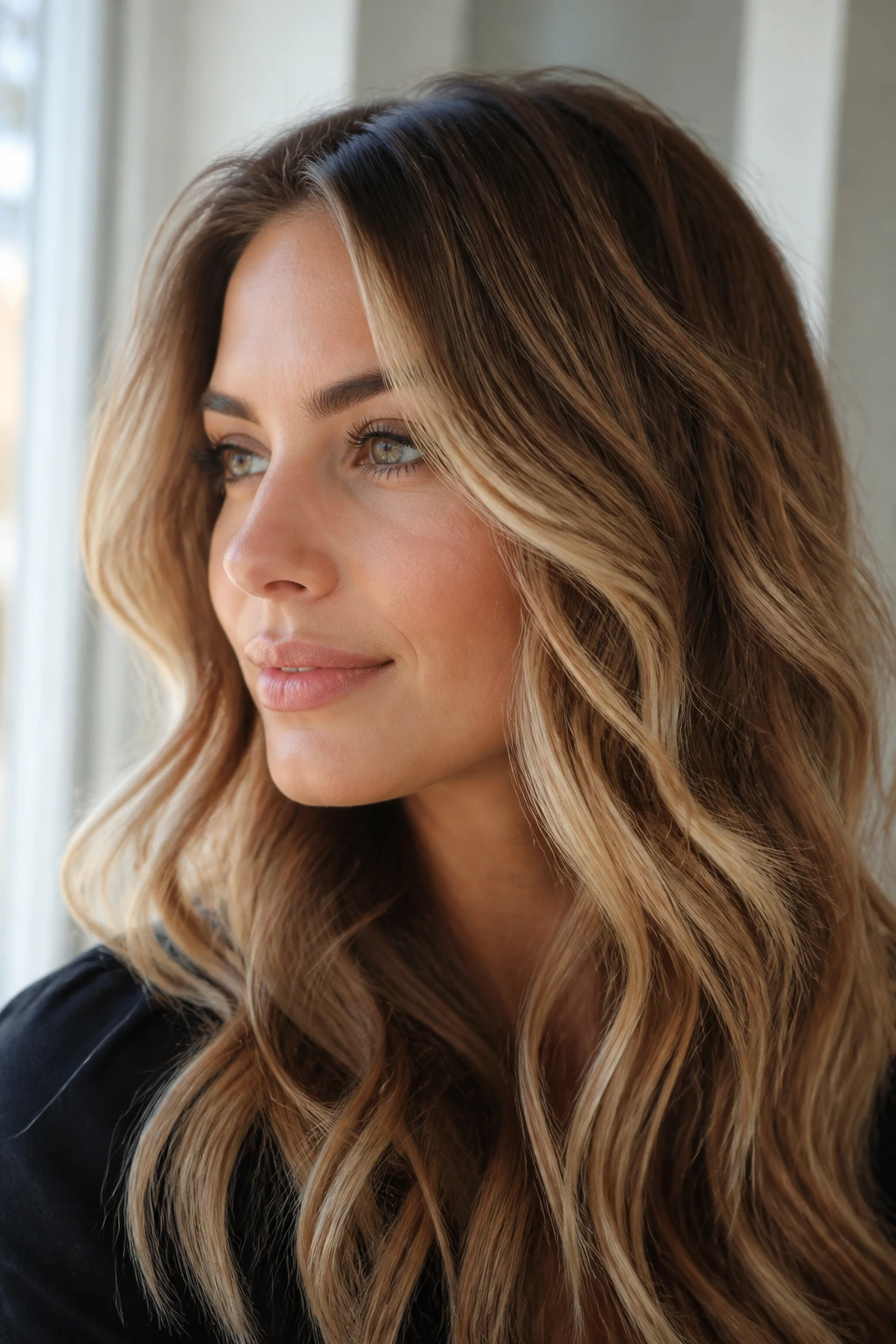 Portrait of a real person with soft waves showing dimensional highlights illuminated by natural window light.