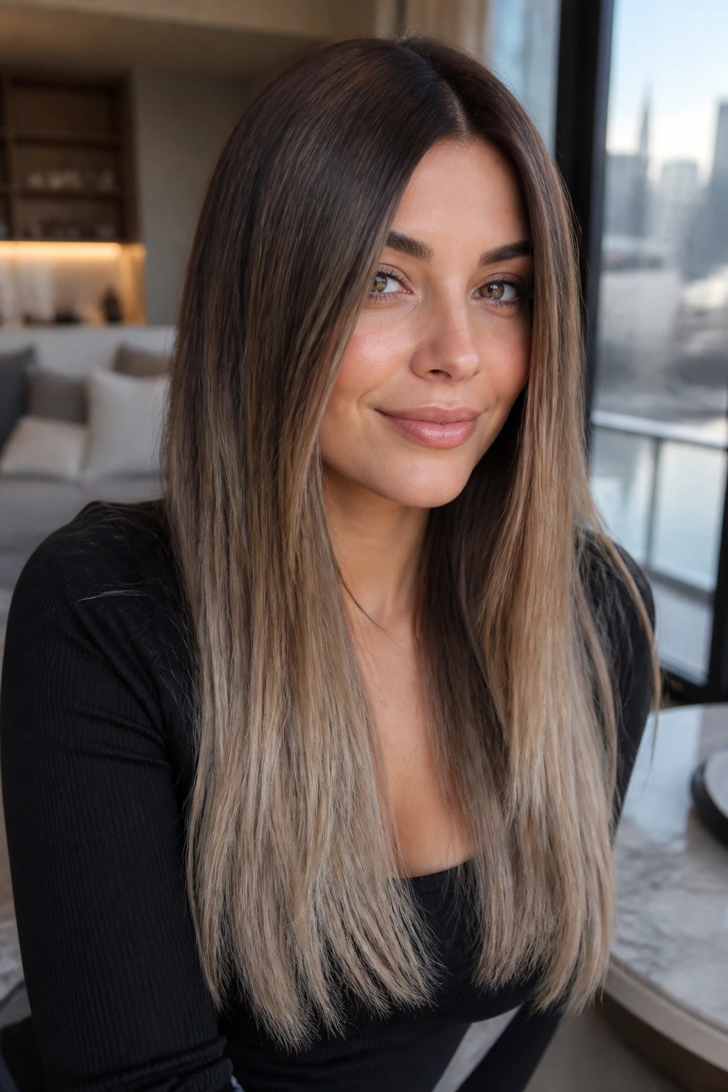 Close-up of real person with dimensional ash brown balayage on straight hair