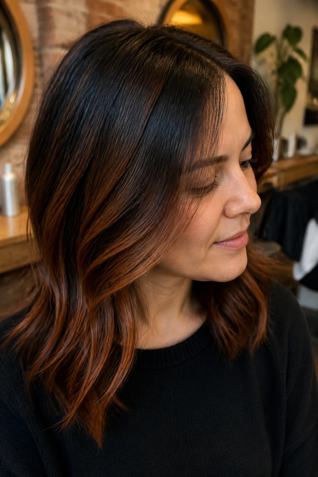 Brunette with slim auburn slices in close portrait