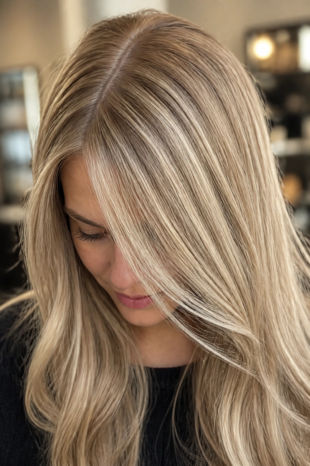 Close-up of delicate baby lights in champagne blonde on real hair