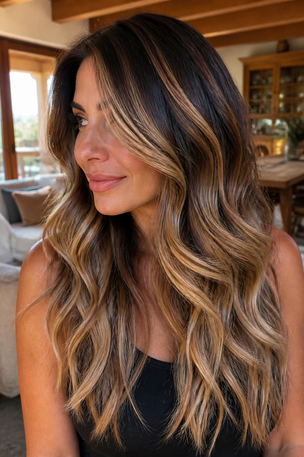 Close-up of a woman with dimensional balayage ombre showing ribbon highlights