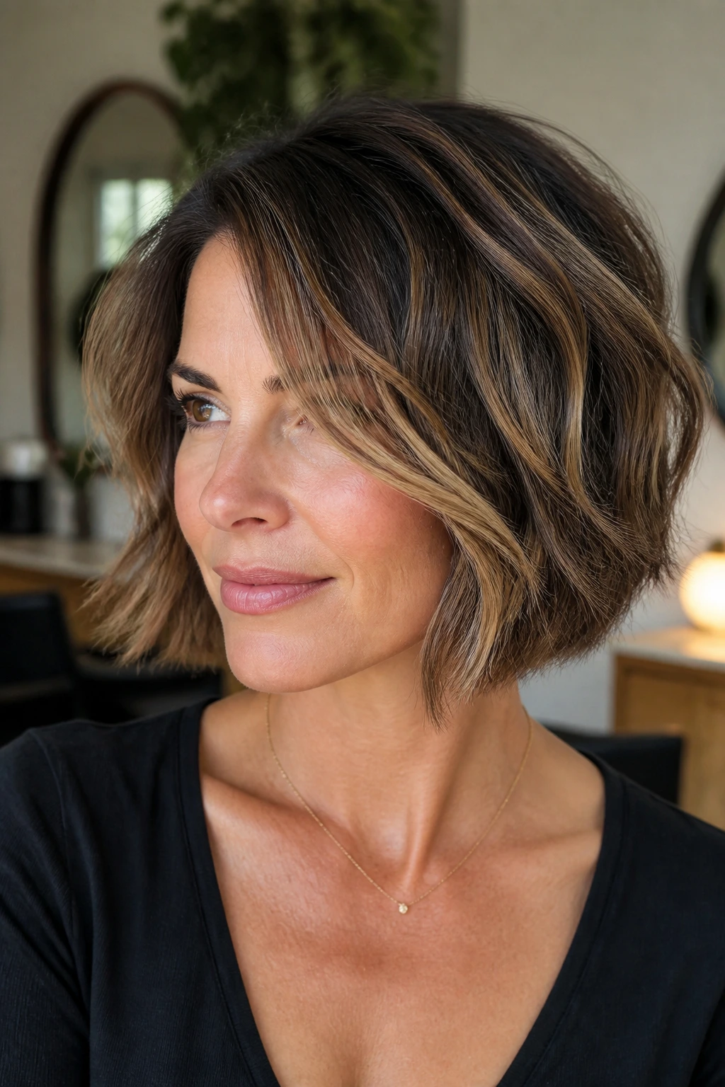 Close-up of a real woman with dimensional balayage on a wavy bob.