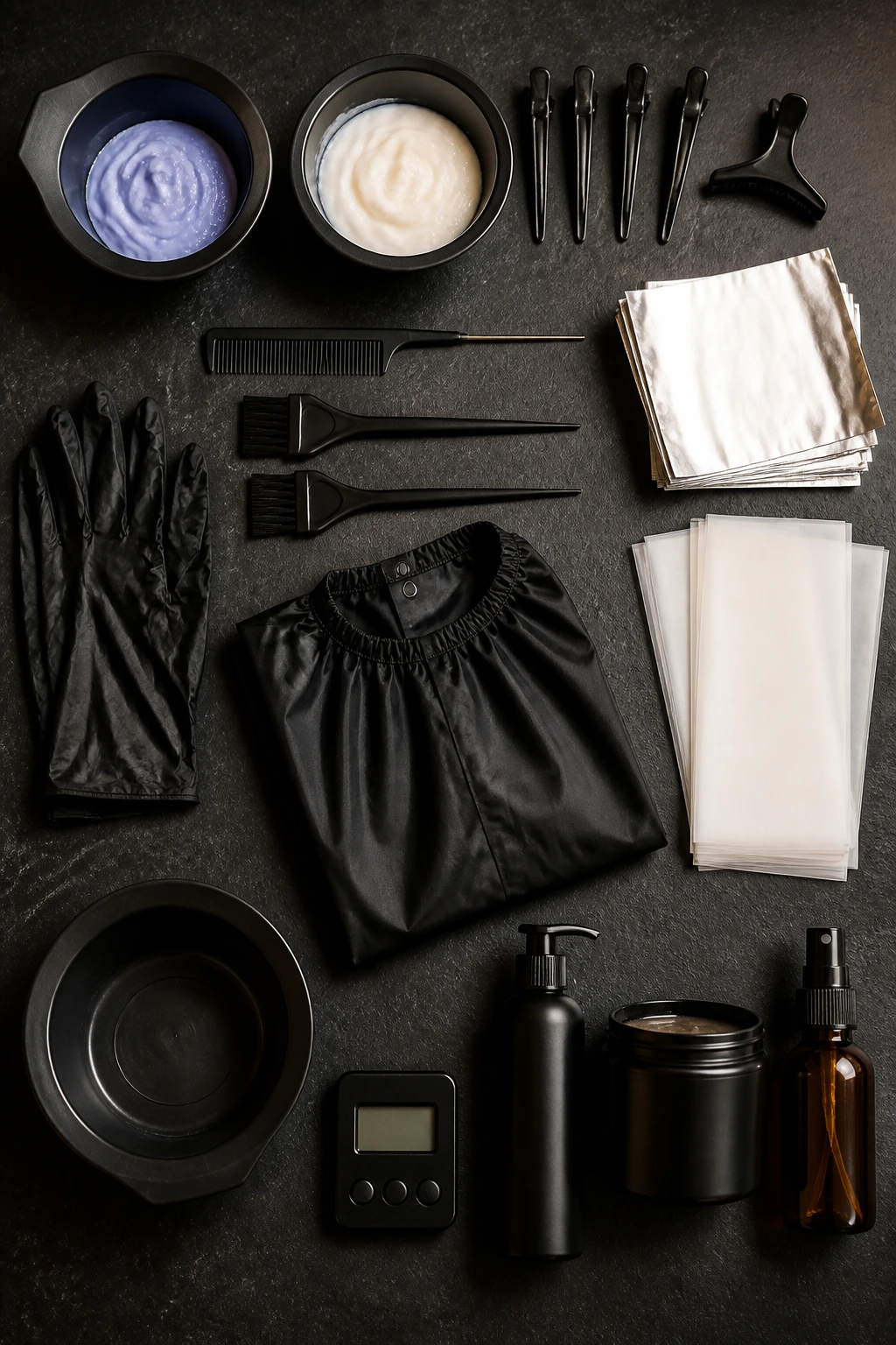 Flat lay of essential tools for dimensional black color including bowls, brushes, clips, foils, and capes.