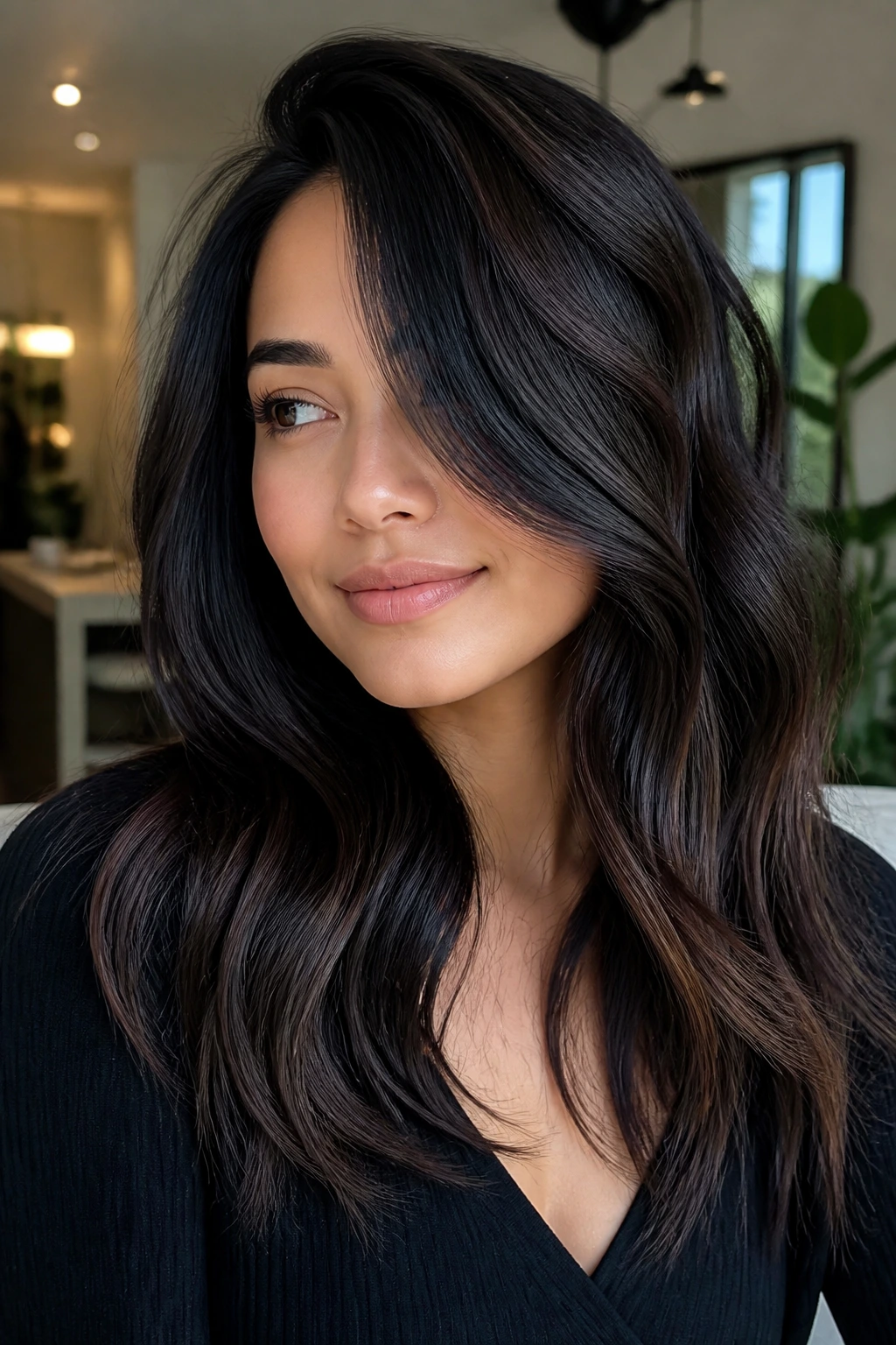 Dimensional black hair with subtle highlights on a real person.