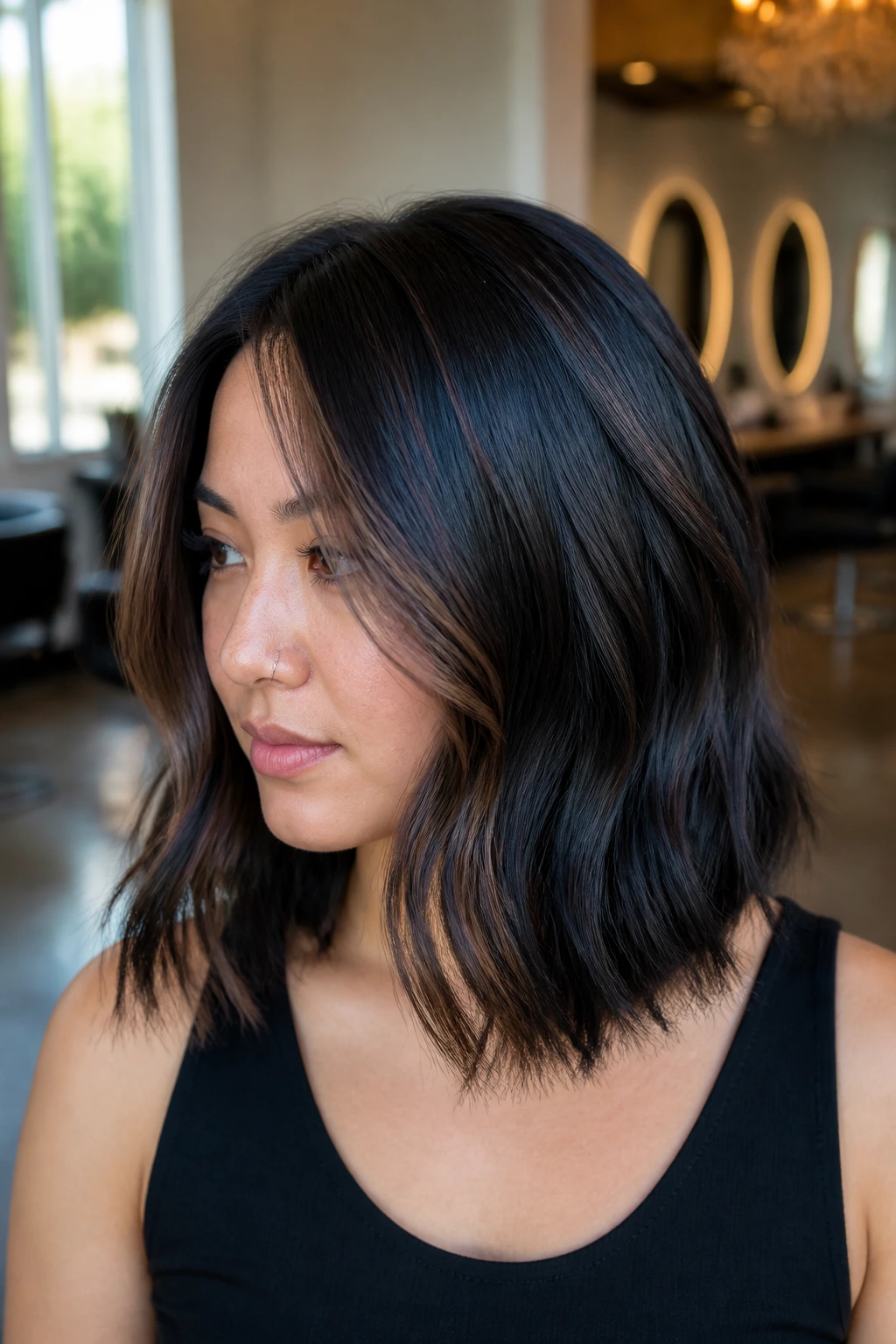 Portrait of a person with dimensional black lob and mixed tones.