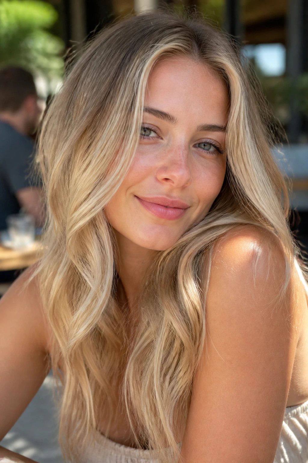 Close-up portrait of a real woman with dimensional blonde hair in buttercream balayage under warm outdoor light