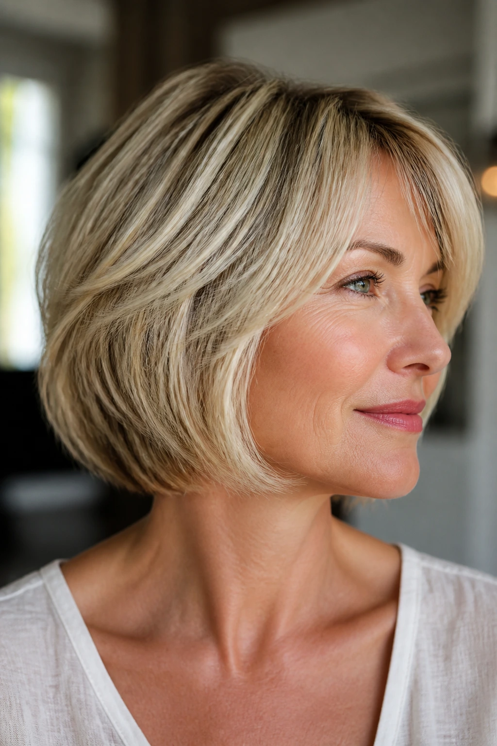 Portrait of a real woman with a dimensional blonde bob and micro-layers.