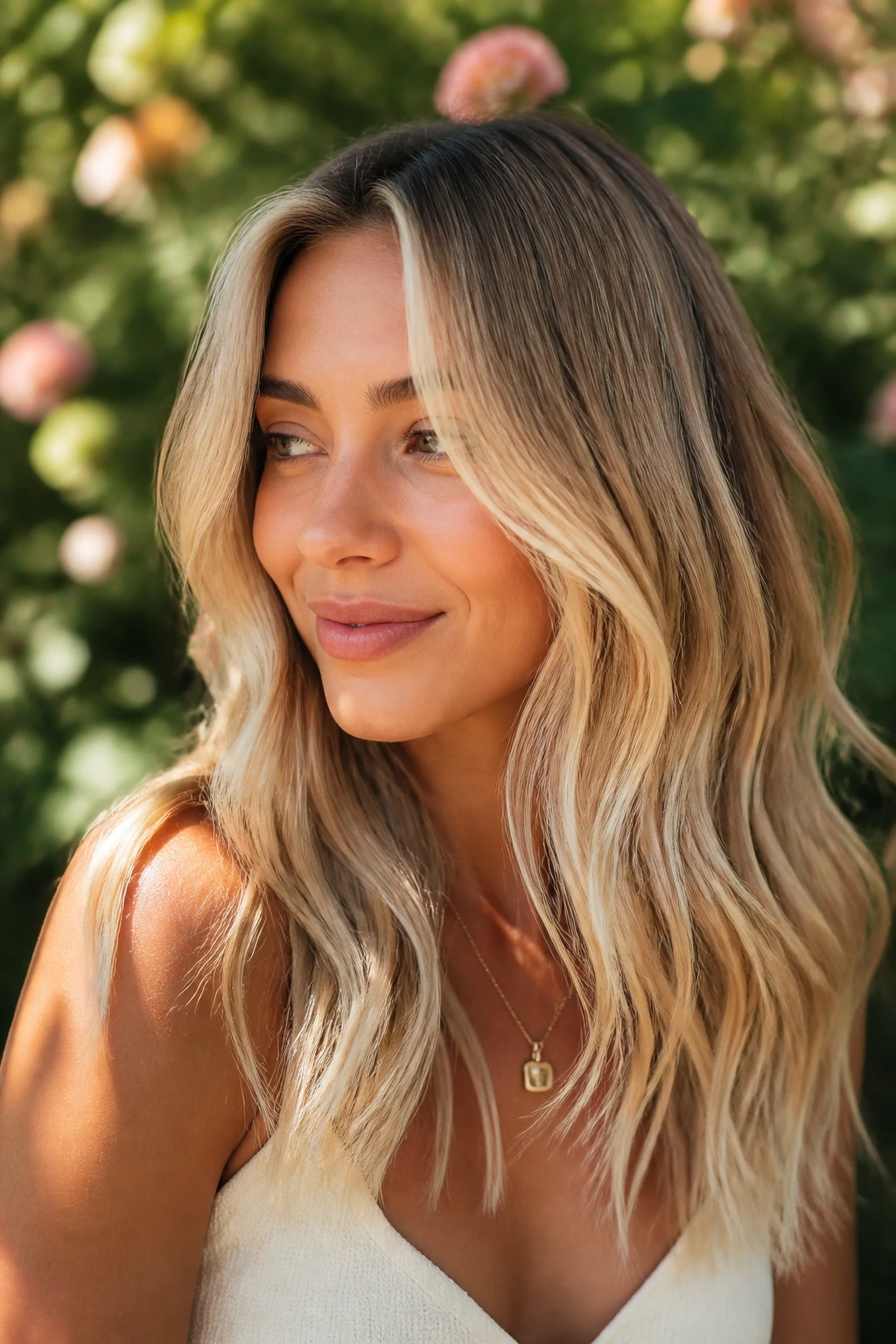Close-up of a real woman with multi-toned blonde hair in warm outdoor light