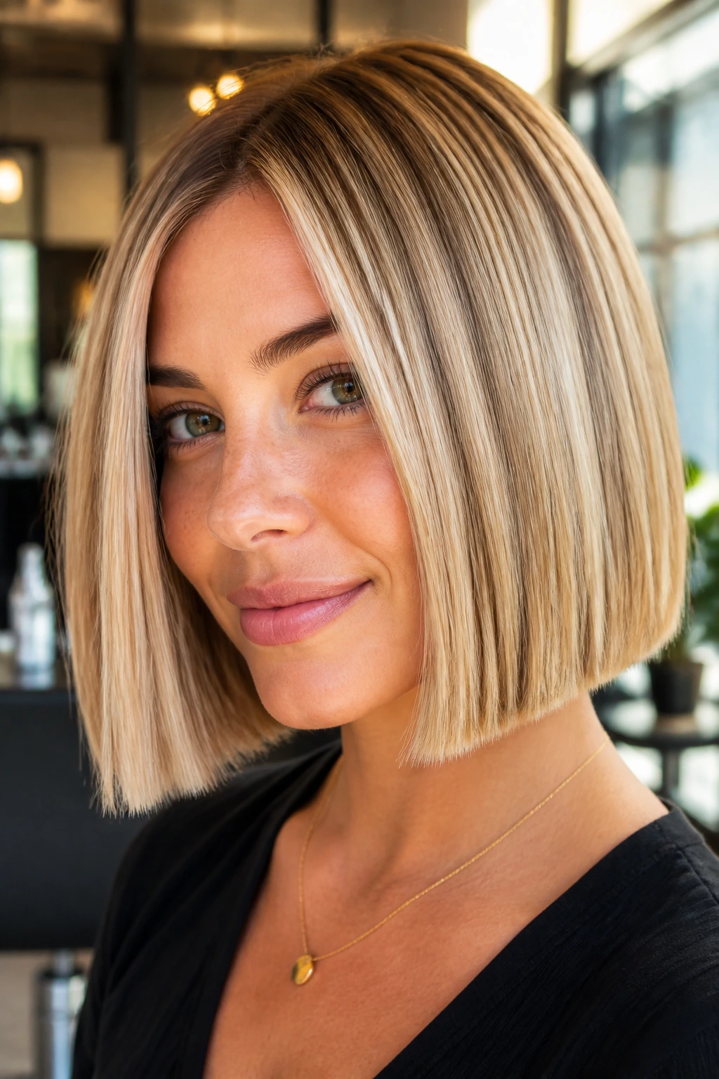 Close-up of a woman with dimensional blonde blunt cut and lowlights