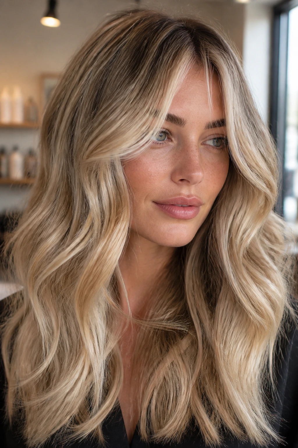 Close-up of a real woman’s hair showing depth with lowlights and face-framing pieces.