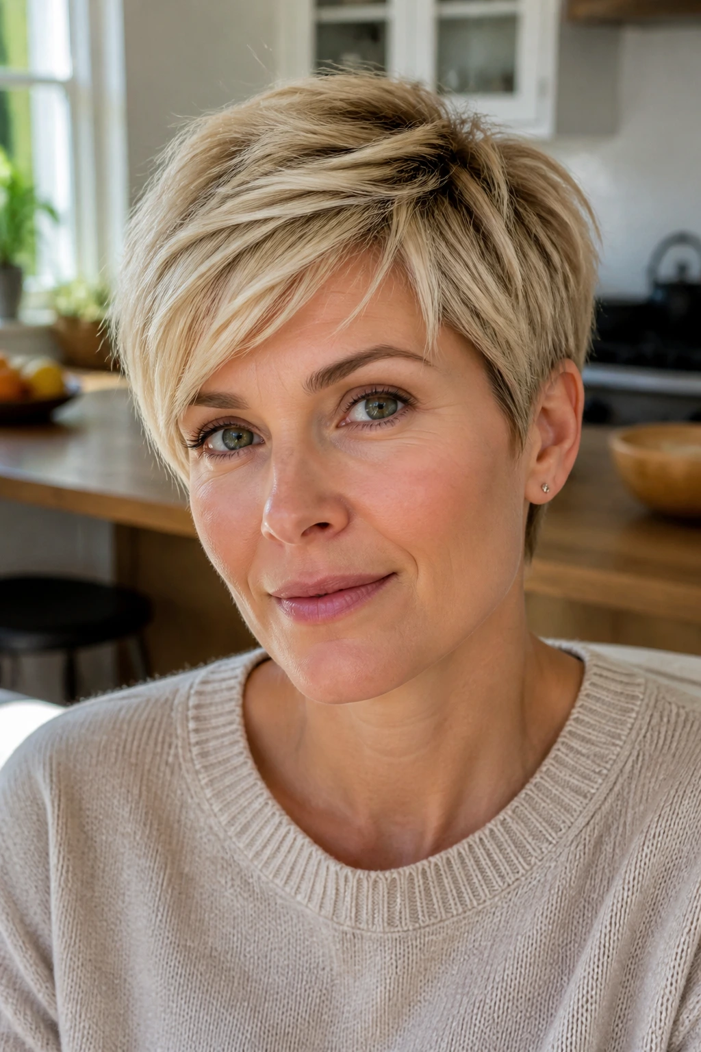 Close-up of a real woman with dimensional blonde pixie showing root shadow and highlighted pieces for depth.