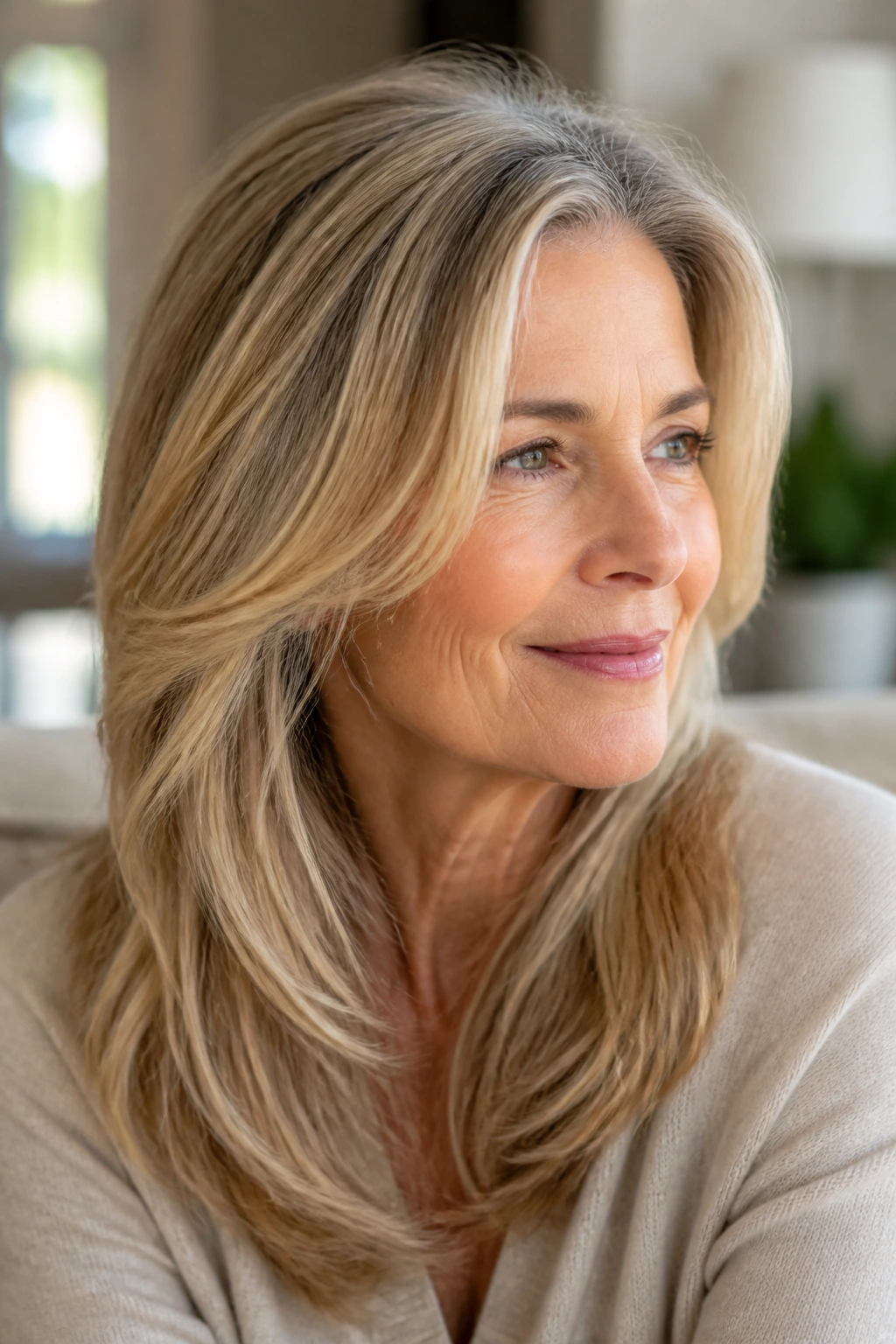 Portrait of an older woman with dimensional blonde hair and subtle regrowth.