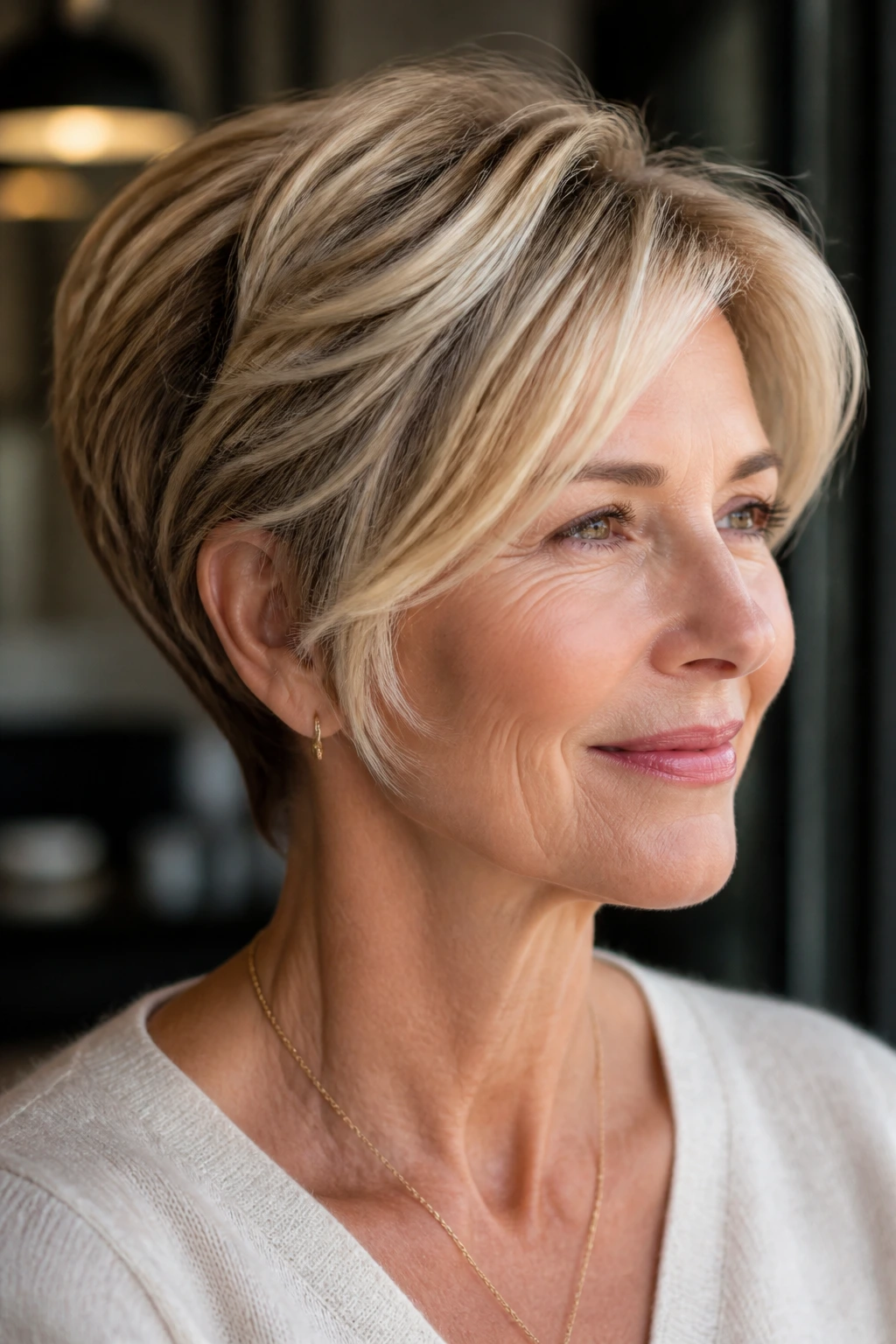 Close-up portrait showing dimensional blonde with root shadow