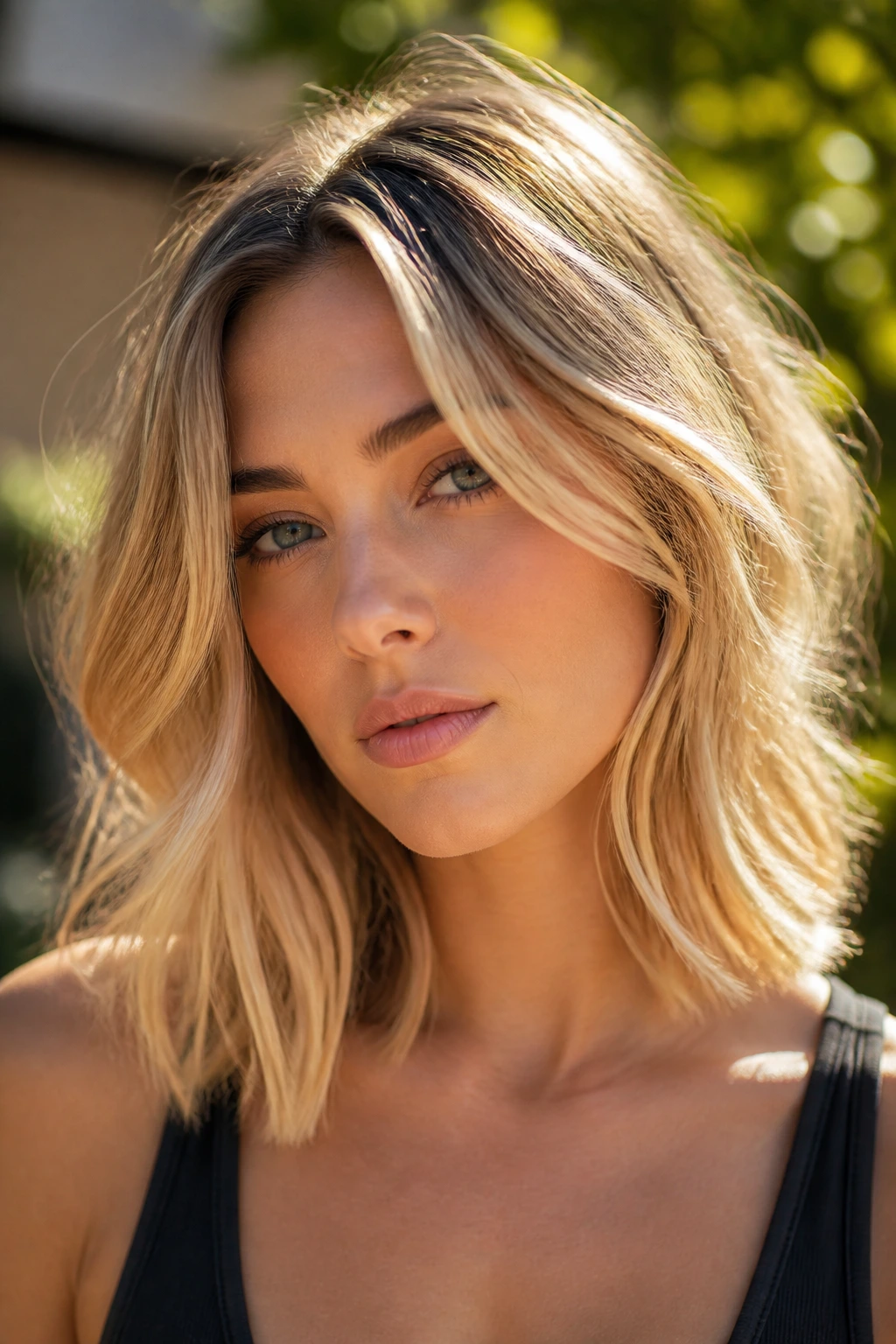 Shoulder-length blonde hair with dimensional highlights illuminated by sunlight outdoors.