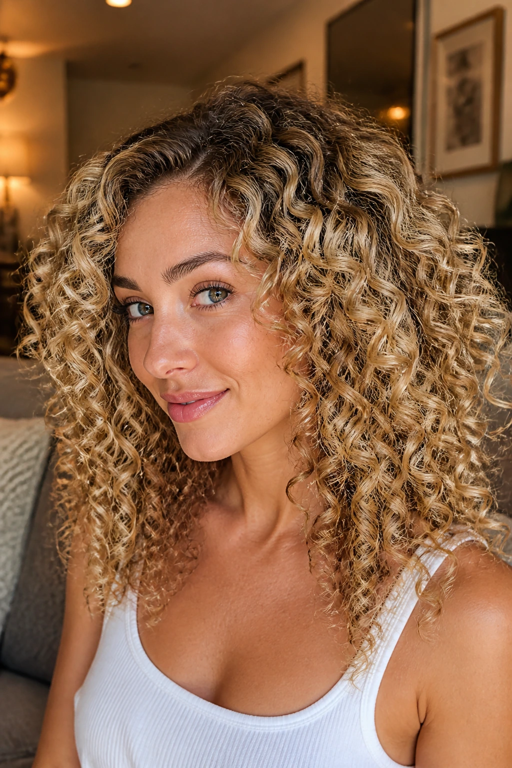 Close-up of a real woman with dimensional blonde on tight curls.