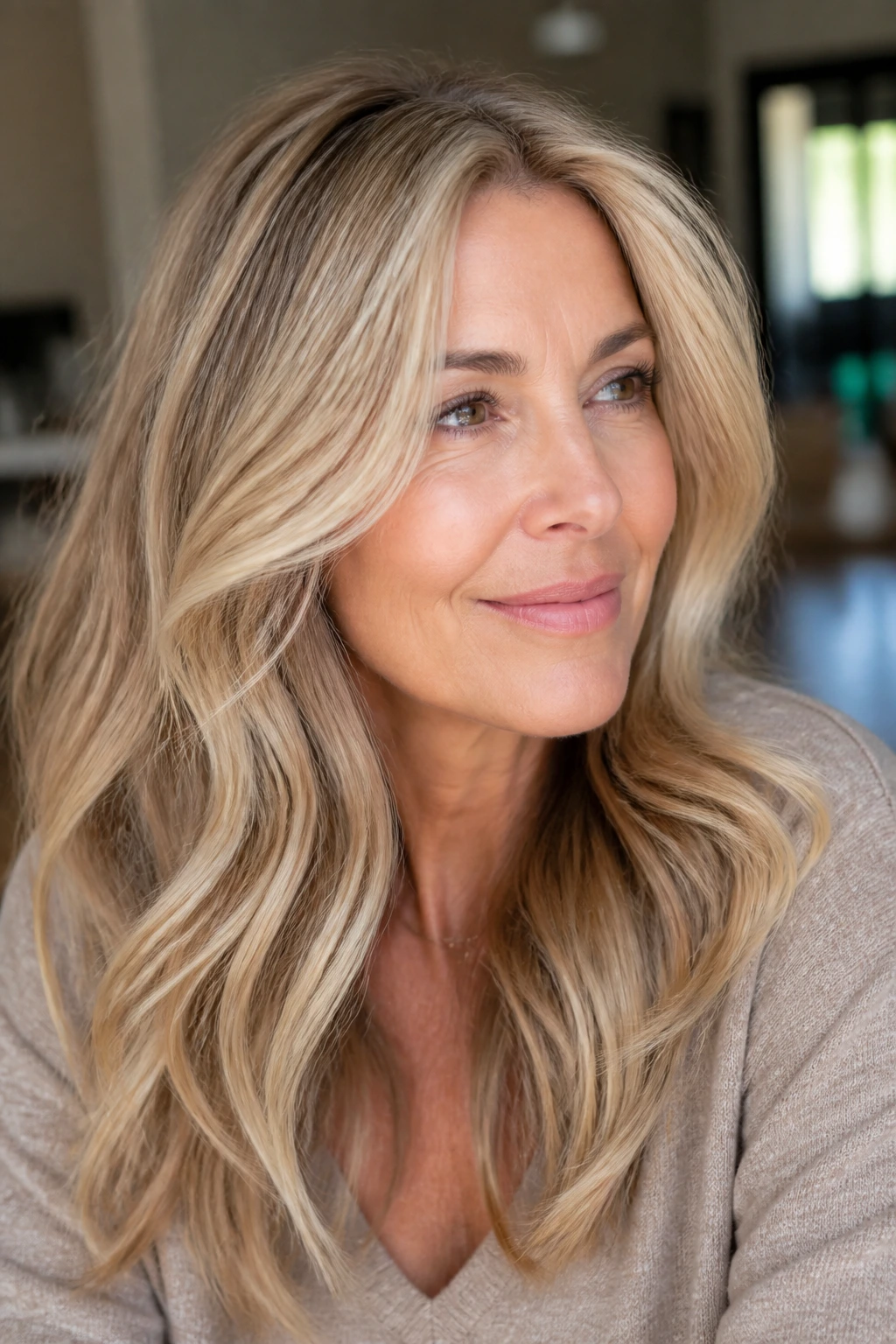 Close-up of a woman with dimensional warm-cool blonde tones