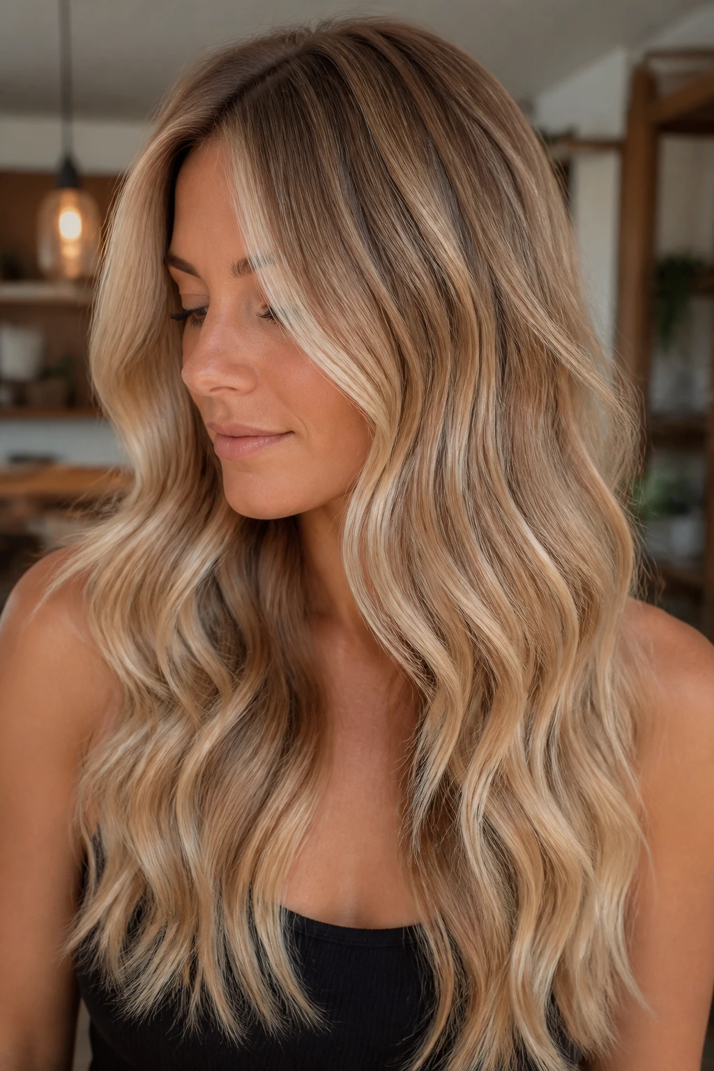 Close-up portrait of a real woman with dimensional long blonde waves and subtle root depth