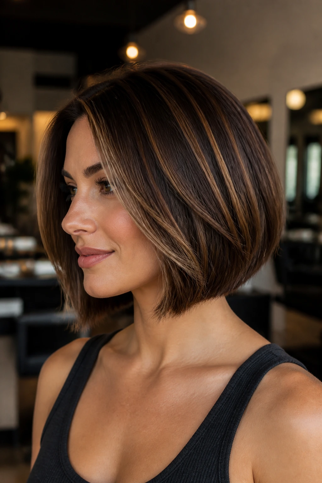 Portrait of a real woman with dimensional brunette bob balayage