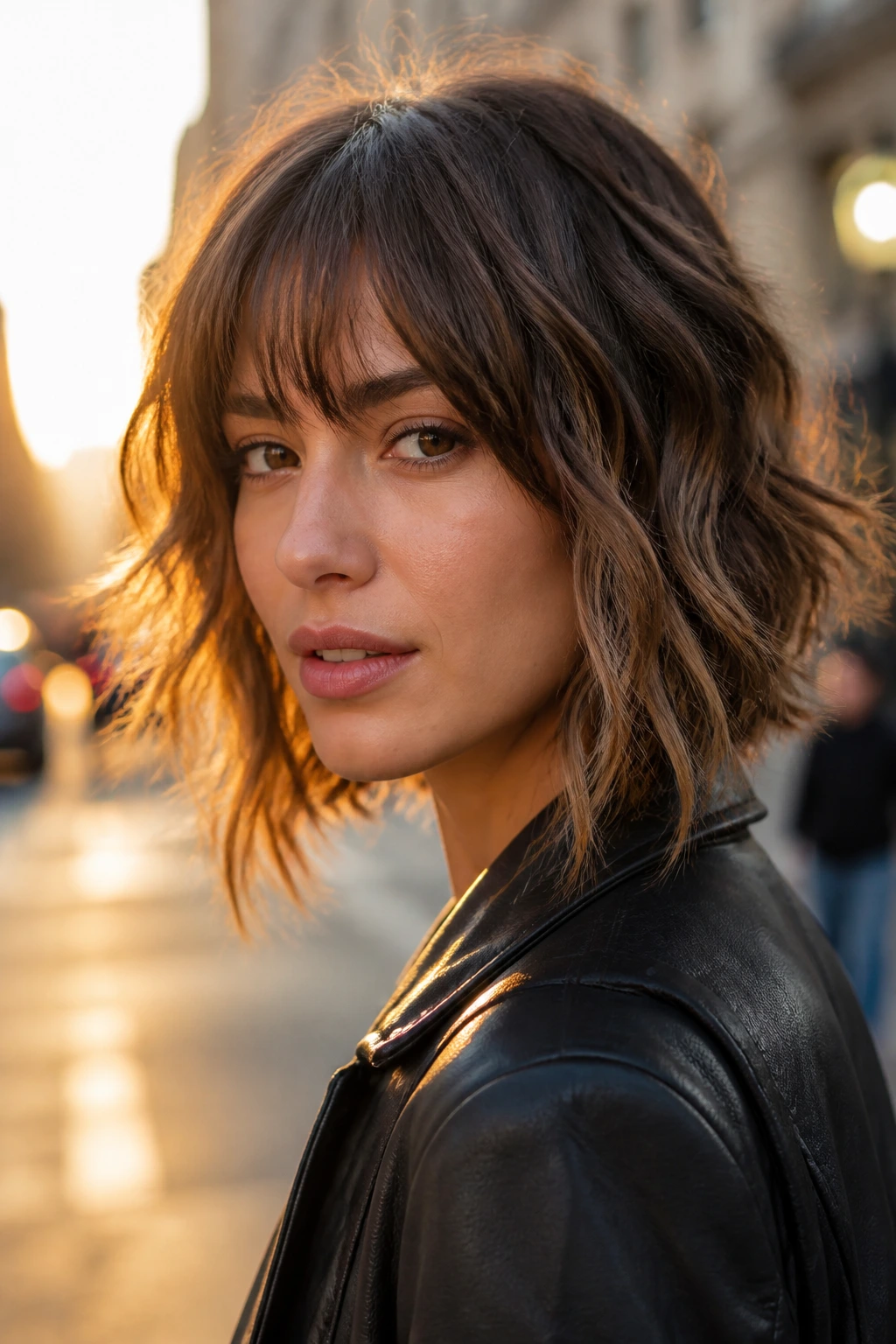 Real woman with dimensional bob and choppy fringe in urban golden hour light