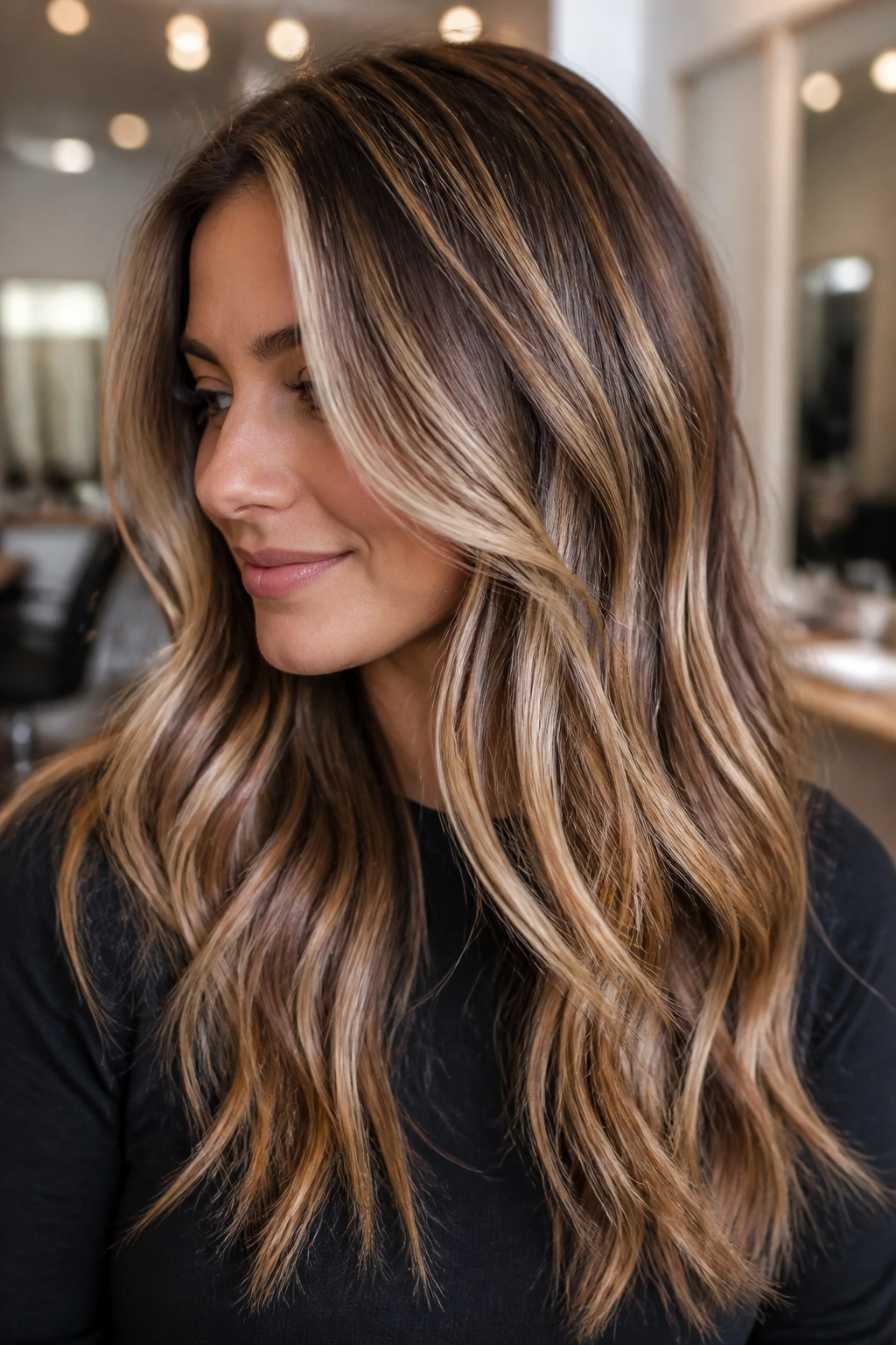 Portrait showing dimensional bronde with beige caramel ribbons
