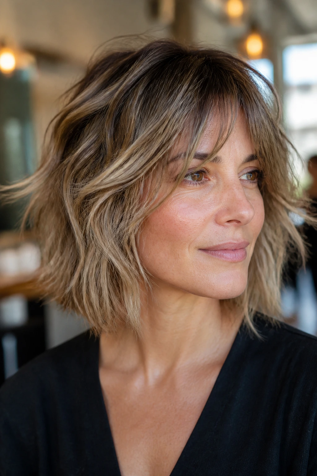 Close-up of a real woman with dimensional bronde shag balayage in a salon.