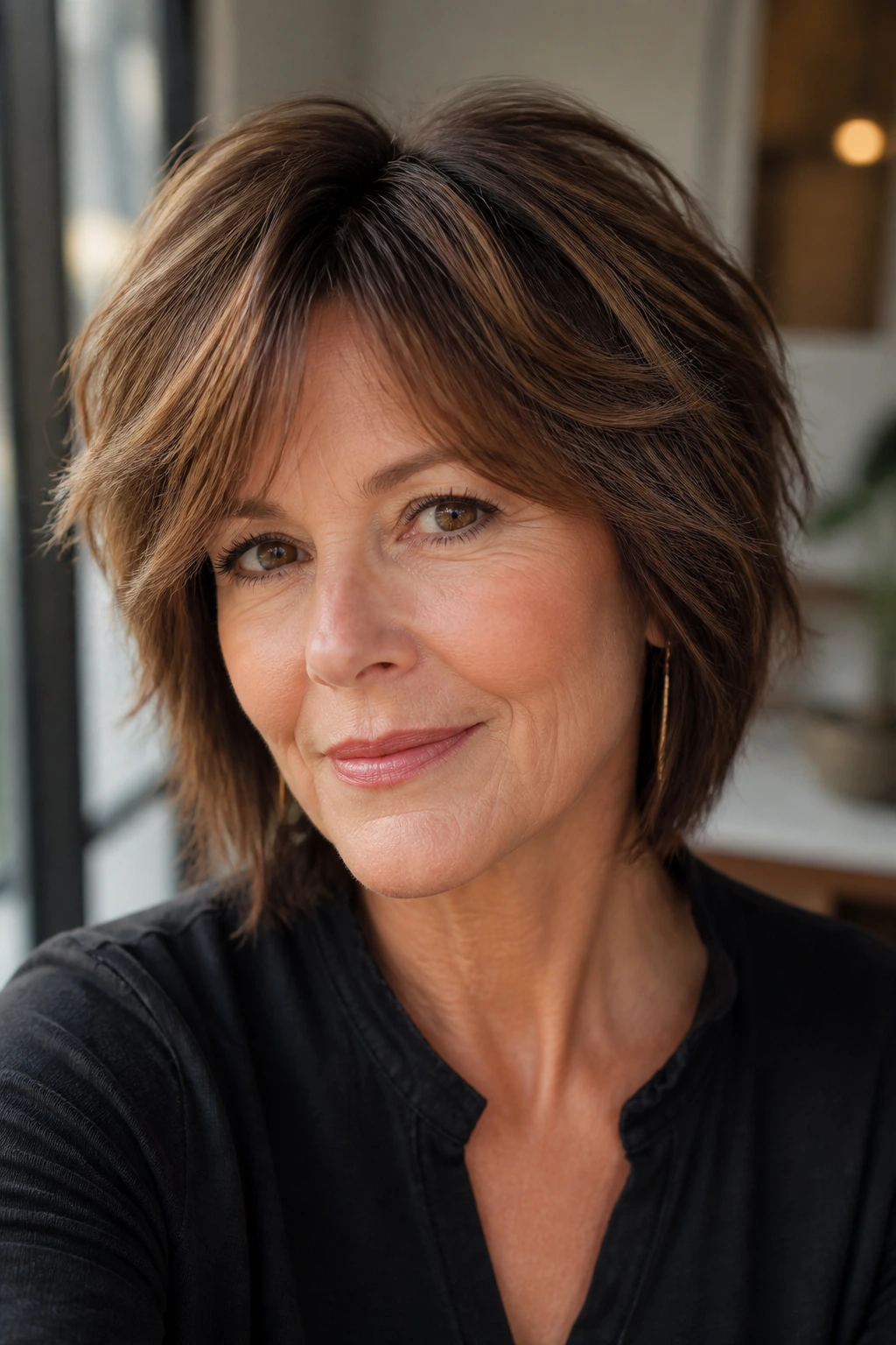 Portrait of a woman with dimensional brown hair showing multiple shades