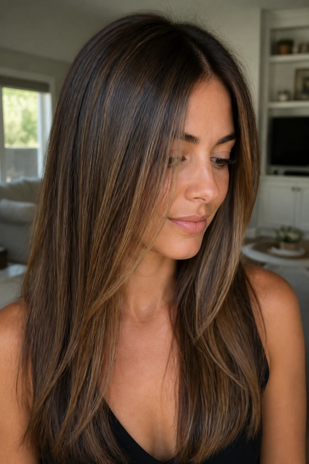 Portrait of a real woman with dimensional brunette hair and soft highlights in a cozy room